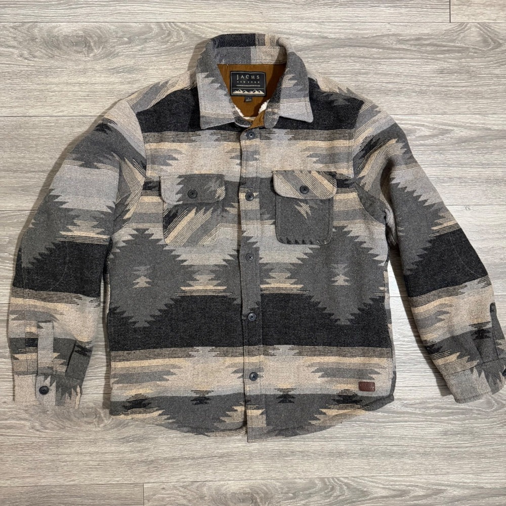 Jachs New York Mens Southwestern Sherpa Lined Wool Blend Shirt Jacket Grey Large
